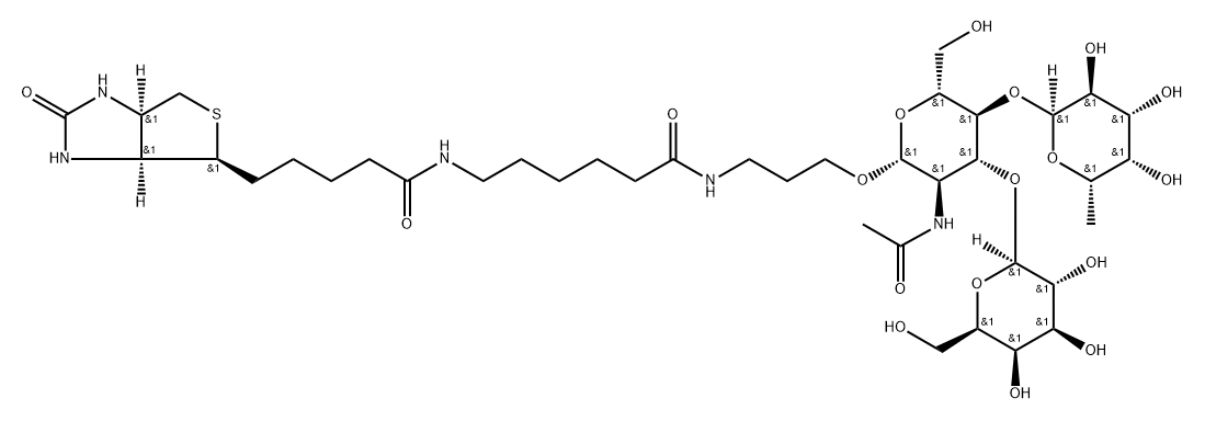 (3aS,4S,6aR)-N-[6-[[3-[[O-6-Deoxy-alpha-L-galactopyranosyl-(1-4)-O-[beta-D-galactopyranosyl-(1-3)]-2-(acetylamino)-2-deoxy-beta-D-glucopyranosyl]oxy]propyl]amino]-6-oxohexyl]hexahydro-2-oxo-1H-thieno[3,4-d]imidazole-4-pentanamide Struktur