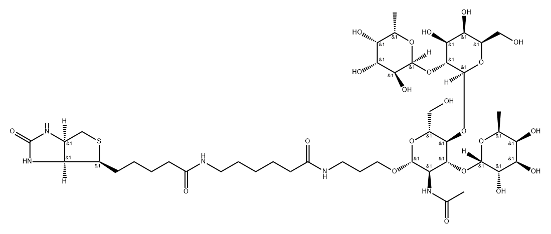 (3aS,4S,6aR)-N-[6-[[3-[[O-6-Deoxy-alpha-L-galactopyranosyl-(1-2)-O-beta-D-galactopyranosyl-(1-4)-O-[6-deoxy-alpha-L-galactopyranosyl-(1-3)]-2-(acetylamino)-2-deoxy-beta-D-glucopyranosyl]oxy]propyl]amino]-6-oxohexyl]hexahydro-2-oxo-1H-thieno[3,4-d]imidazole-4-pentanamide Struktur