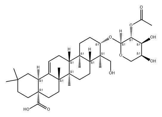 Olean-12-en-28-oic acid, 3-[(2-O-acetyl-α-L-arabinopyranosyl)oxy]-23-hydroxy-, (3β,4α)- Struktur