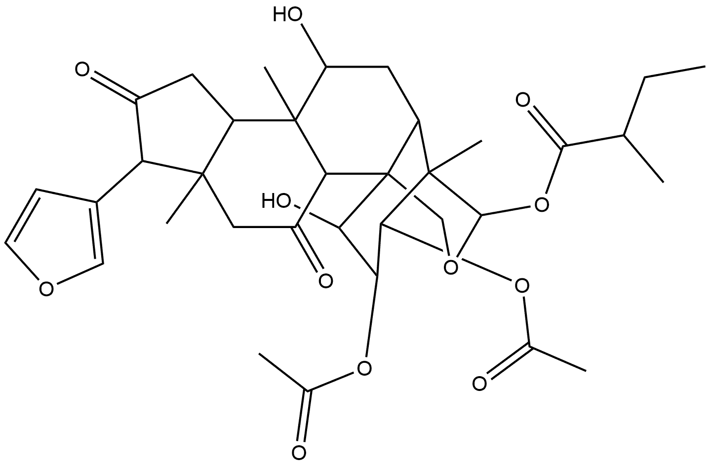 24-Norchola-20,22-diene-4-carboxaldehyde, 2,3-bis(acetyloxy)-21,23-epoxy-1,7,19-trihydroxy-4,8-dimethyl-11,15-dioxo-, cyclic 4,19-(2-methyl-1-oxobutyl acetal), [C(S),1α,2α,3α,4β,5α,7α,13α,17α]- Struktur