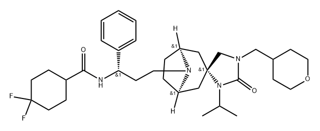 CyclohexanecarboxaMide, 4,4-difluoro-N-[(1S)-3-[(1α,3α,5α)-3'-(1-Methylethyl)-2'-oxo-1'-[(tetrahydro-2H-pyran-4-yl)Methyl]spiro[8-azabicyclo[3.2.1]octane-3,4'-iMidazolidin]-8-yl]-1-phenylpropyl]- (9CI) Struktur