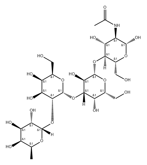 O-alpha-L-Fucopyranosyl-(1 - 2)-O-[alpha-D-galactopyranosyl-(1 - 3)]-O-beta-D-galactopyranosyl-(1 - 4)-2-acetamido-2-deoxy-D-glucopyranose Struktur