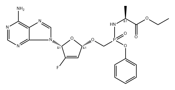 L-Alanine, N-[(S)-[[[(2R,5R)-5-(6-amino-9H-purin-9-yl)-4-fluoro-2,5-dihydro-2-furanyl]oxy]methyl]phenoxyphosphinyl]-, ethyl ester Struktur