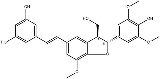 1,3-Benzenediol, 5-[(1E)-2-[(2R,3S)-2,3-dihydro-2-(4-hydroxy-3,5-dimethoxyphenyl)-3-(hydroxymethyl)-7-methoxy-5-benzofuranyl]ethenyl]-, rel-(+)- Struktur