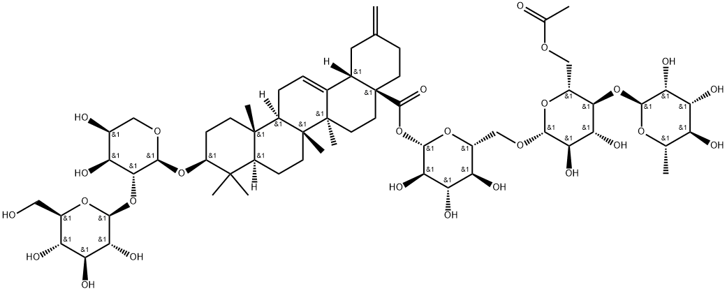 30-Noroleana-12,20(29)-dien-28-oic acid, 3-[(2-O-β-D-glucopyranosyl-α-L-arabinopyranosyl)oxy]-, O-6-deoxy-α-L-mannopyranosyl-(1→4)-O-6-O-acetyl-β-D-glucopyranosyl-(1→6)-β-D-glucopyranosyl ester Struktur