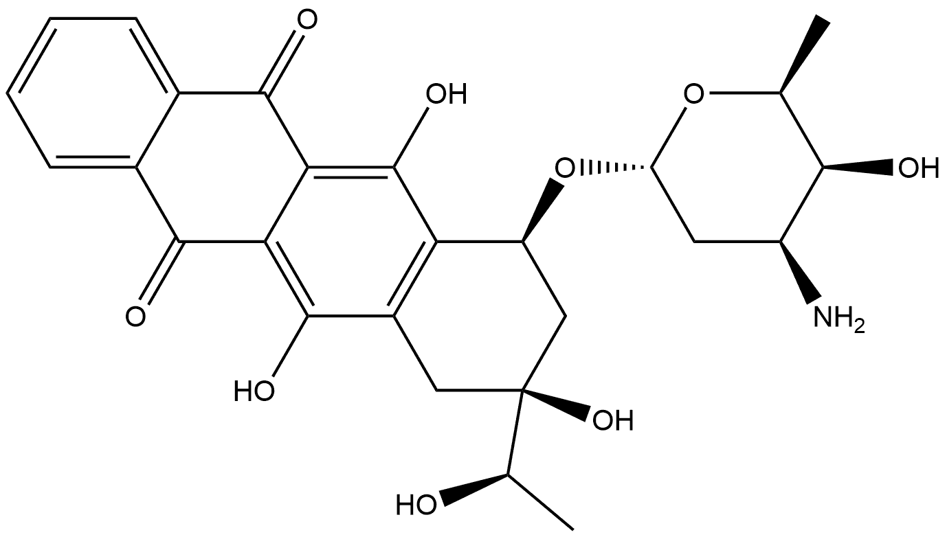 5,12-Naphthacenedione, 7-[(3-amino-2,3,6-trideoxy-α-L-lyxo-hexopyranosyl)oxy]-7,8,9,10-tetrahydro-6,9,11-trihydroxy-9-[(1R)-1-hydroxyethyl]-, (7S,9S)- Struktur