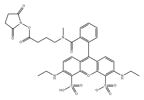 Xanthylium, 9-[2-[[[4-[(2,5-dioxo-1-pyrrolidinyl)oxy]-4-oxobutyl]methylamino]carbonyl]phenyl]-3,6-bis(ethylamino)-4,5-disulfo-, inner salt Struktur