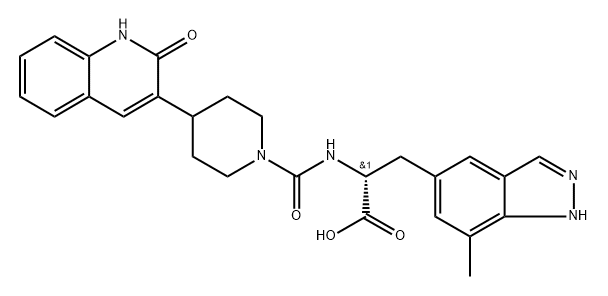 1H-Indazole-5-propanoic acid, α-[[[4-(1,2-dihydro-2-oxo-3-quinolinyl)-1-piperidinyl]carbonyl]amino]-7-methyl-, (αR)- Struktur