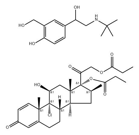 [2-[(8S,10S,11S,13S,14S,16S,17R)-9-chloro-11-hydroxy-10,13,16-trimethy l-3-oxo-17-propanoyloxy-6,7,8,11,12,14,15,16-octahydrocyclopenta[a]phe nanthren-17-yl]-2-oxo-ethyl] propanoate, 2-(hydroxymethyl)-4-[1-hydrox y-2-(tert-butylamino)ethyl]phenol Struktur