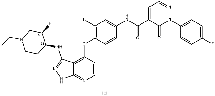 4-Pyridazinecarboxamide, N-[4-[[3-[[(3R,4S)-1-ethyl-3-fluoro-4-piperidinyl]amino]-1H-pyrazolo[3,4-b]pyridin-4-yl]oxy]-3-fluorophenyl]-2-(4-fluorophenyl)-2,3-dihydro-3-oxo-, hydrochloride (1:2), rel- Structure