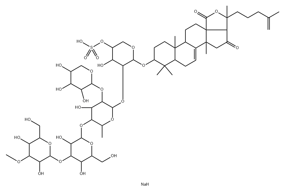 Lanosta-7,25-dien-18-oic acid, 20-hydroxy-3-[(O-3-O-methyl-β-D-glucopyranosyl-(1→3)-O-β-D-glucopyranosyl-(1→4)-O-[β-D-xylopyranosyl-(1→2)]-O-6-deoxy-β-D-glucopyranosyl-(1→2)-4-O-sulfo-β-D-xylopyranosyl)oxy]-16-oxo-, γ-lactone, sodium salt (1:1), (3β)- Struktur