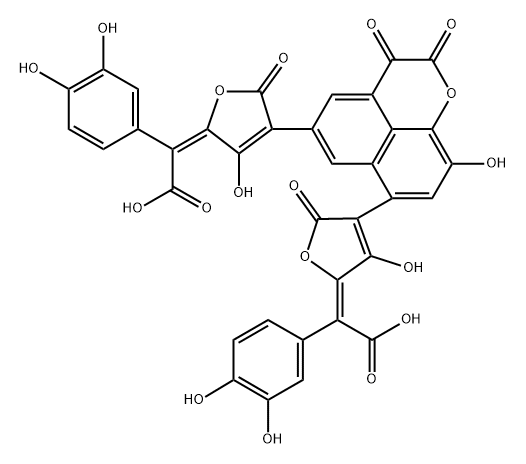 Benzeneacetic acid, α,α'-[(2,3-dihydro-9-hydroxy-2,3-dioxonaphtho[1,8-bc]pyran-5,7-diyl)bis(3-hydroxy-5-oxo-4-furanyl-2(5H)-ylidene)]bis[3,4-dihydroxy-, (αE,α'E)- (9CI) Struktur