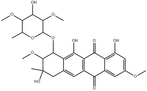 5,12-Naphthacenedione, 10-((6-deoxy-2,4-di-O-methyl-alpha-L-mannopyran osyl)oxy)-7,8,9,10-tetrahydro-1,8,11-trihydroxy-3,9-dimethoxy-8-methyl - Struktur