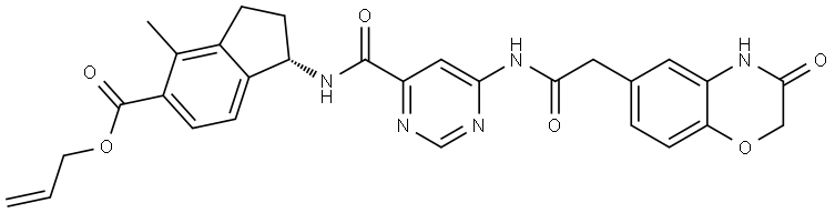 1H-Indene-5-carboxylic acid, 1-[[[6-[[2-(3,4-dihydro-3-oxo-2H-1,4-benzoxazin-6-yl)acetyl]amino]-4-pyrimidinyl]carbonyl]amino]-2,3-dihydro-4-methyl-, 2-propen-1-yl ester, (1S)- Struktur