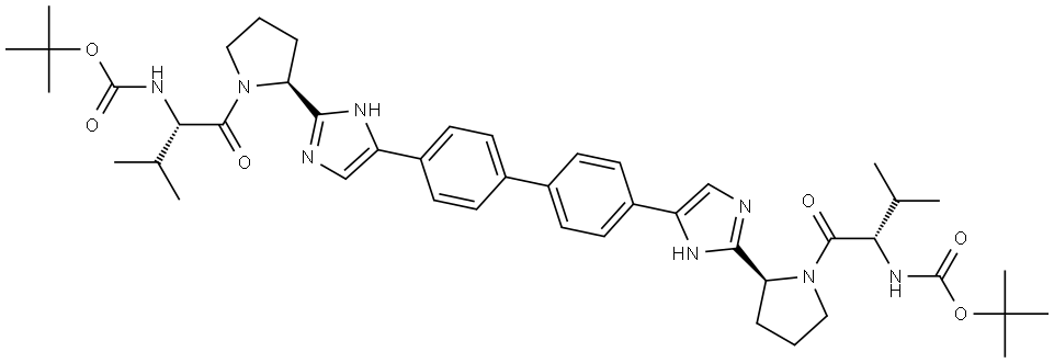 tert-butyl (2S,2'S)-1,1'-((2S,2'S)-2,2'-(4,4'-(biphenyl-4,4'-diyl)bis(1H-imidazole-4,2-diyl))bis(pyrrolidine-2,1-diyl))bis(3-methyl-1-oxobutane-2,1-diyl)dicarbamate Struktur