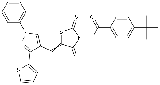 4-TERT-BUTYL-N-((5E)-4-OXO-5-{[1-PHENYL-3-(2-THIENYL)-1H-PYRAZOL-4-YL]METHYLENE}-2-THIOXO-1,3-THIAZOLIDIN-3-YL)BENZAMIDE Struktur