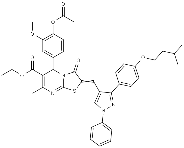 ETHYL (2E)-5-[4-(ACETYLOXY)-3-METHOXYPHENYL]-2-({3-[4-(ISOPENTYLOXY)PHENYL]-1-PHENYL-1H-PYRAZOL-4-YL}METHYLENE)-7-METHYL-3-OXO-2,3-DIHYDRO-5H-[1,3]THIAZOLO[3,2-A]PYRIMIDINE-6-CARBOXYLATE Struktur