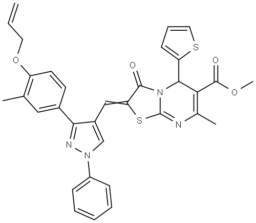 METHYL (2E)-2-({3-[4-(ALLYLOXY)-3-METHYLPHENYL]-1-PHENYL-1H-PYRAZOL-4-YL}METHYLENE)-7-METHYL-3-OXO-5-(2-THIENYL)-2,3-DIHYDRO-5H-[1,3]THIAZOLO[3,2-A]PYRIMIDINE-6-CARBOXYLATE Struktur