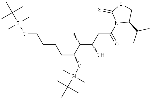 (4R)-3-((3S,4R,5R)-5,9-BIS{[TERT-BUTYL(DIMETHYL)SILYL]OXY}-3-HYDROXY-4-METHYLNONANOYL)-4-ISOPROPYL-1,3-THIAZOLIDINE-2-THIONE Struktur