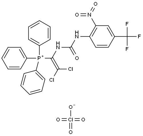 N-[2,2-DICHLORO-1-(TRIPHENYLPHOSPHONIO)VINYL]-N'-[2-NITRO-4-(TRIFLUOROMETHYL)PHENYL]UREA PERCHLORATE Struktur