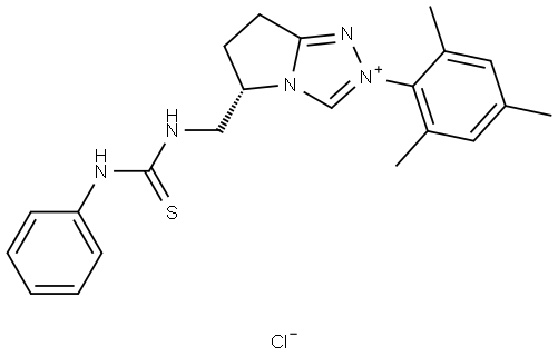 5H-Pyrrolo[2,1-c]-1,2,4-triazolium, 6,7-dihydro-5-[[[(phenylamino)thioxomethyl]amino]methyl]-2-(2,4,6-trimethylphenyl)-, chloride (1:1), (5S)- Struktur