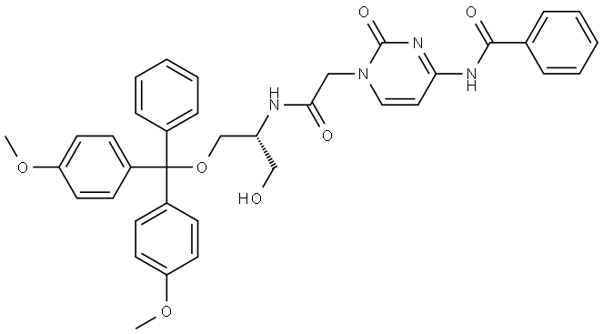 N-(1-({[(2R)-1-(bis(4-methoxyphenyl)(phenyl)methoxy)-3-hydroxypropan-2-yl]carbamoyl}methyl)-2-oxo-1,2-dihydropyrimidin-4-yl)benzamide Struktur