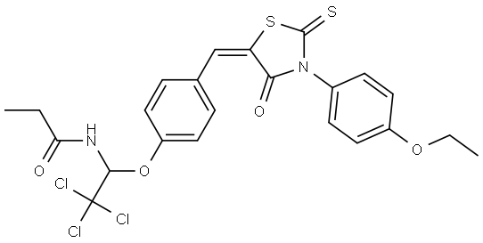 N-[2,2,2-TRICHLORO-1-(4-{(E)-[3-(4-ETHOXYPHENYL)-4-OXO-2-THIOXO-1,3-THIAZOLIDIN-5-YLIDENE]METHYL}PHENOXY)ETHYL]PROPANAMIDE Struktur