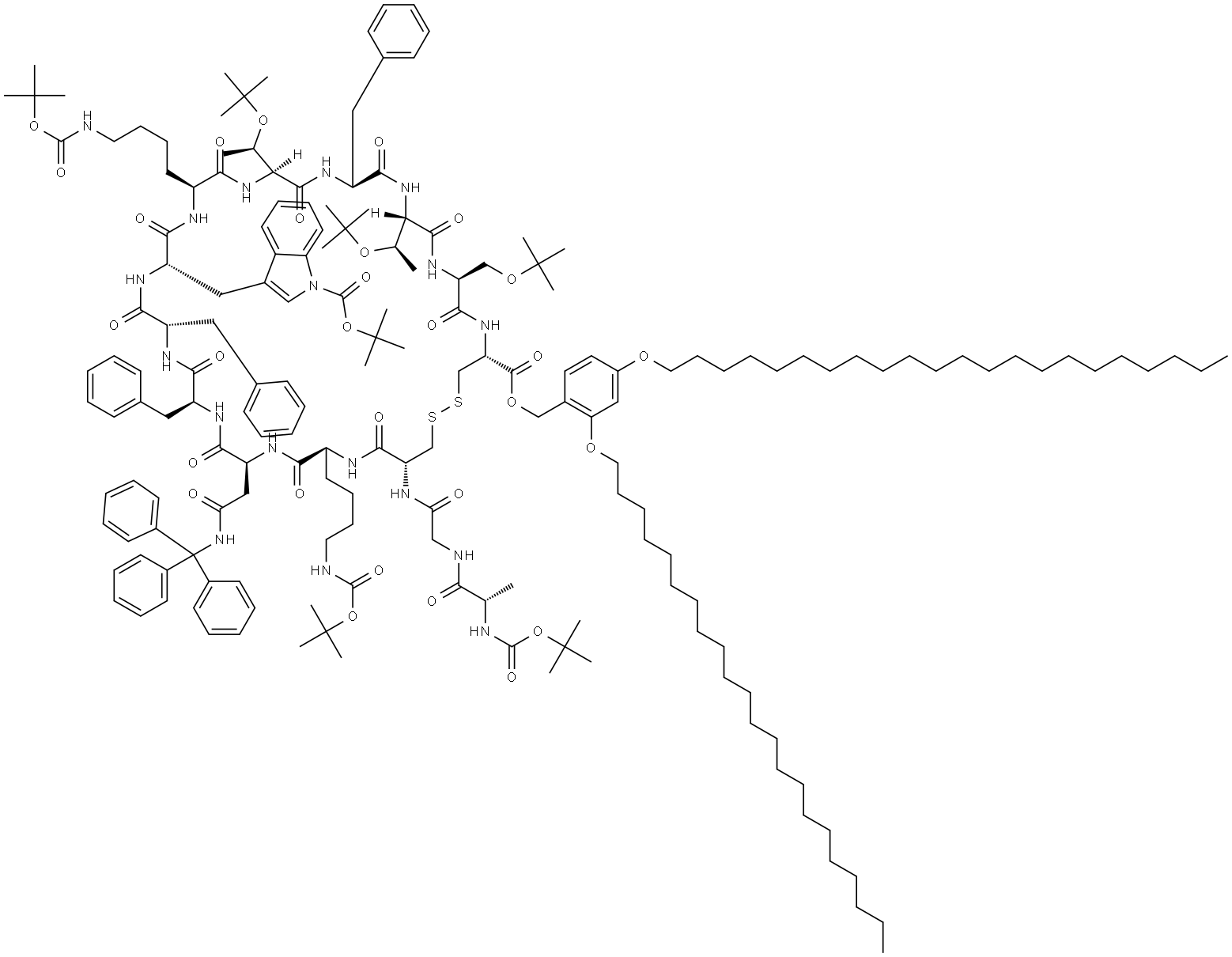 L-Cysteine, N-[(1,1-dimethylethoxy)carbonyl]-L-alanylglycyl-L-cysteinyl-N6-[(1,1-dimethylethoxy)carbonyl]-L-lysyl-N-(triphenylmethyl)-L-asparaginyl-L-phenylalanyl-L-phenylalanyl-1-[(1,1-dimethylethoxy)carbonyl]-L-tryptophyl-N6-[(1,1-dimethylethoxy)carbonyl]-L-lysyl-O-(1,1-dimethylethyl)-L-threonyl-L-phenylalanyl-O-(1,1-dimethylethyl)-L-threonyl-O-(1,1-dimethylethyl)-L-seryl-, [3,4,5-tris(octadecyloxy)phenyl]methyl ester, cyclic (3→14)-disulfide