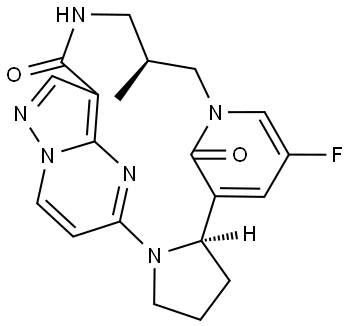 4H-1,18-Etheno-9,13-methano-1H-pyrazolo[3,4-d]pyrrolo[2,1-p][1,3,7,11]tetraazacyclohexadecine-4,22-dione, 11-fluoro-5,6,7,8,13a,14,15,16-octahydro-7-methyl-, (7S,13aR)- Struktur