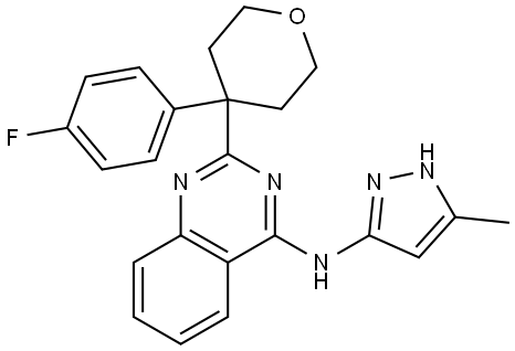 2-(4-(4-fluorophenyl)tetrahydro-2H-pyran-4-yl)-N-(5-methyl-1H-pyrazol-3-yl)quinazolin-4-amine Struktur