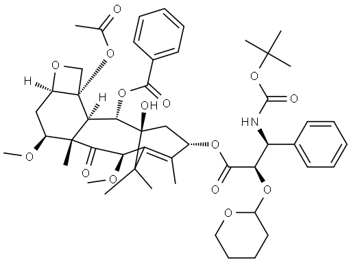 Benzenepropanoic acid, β-[[(1,1-dimethylethoxy)carbonyl]amino]-α-[(tetrahydro-2H-pyran-2-yl)oxy]-, (2aR,4S,4aS,6R,9S,11S,12S,12aR,12bS)-12b-(acetyloxy)-12-(benzoyloxy)-2a,3,4,4a,5,6,9,10,11,12,12a,12b-dodecahydro-11-hydroxy-4,6-dimethoxy-4a,8,13,13-tetramethyl-5-oxo-7,11-methano-1H-cyclodeca[3,4]benz[1,2-b]oxet-9-yl ester, (αR,βS)- Struktur