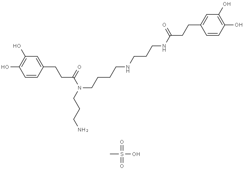 Benzenepropanamide, N-(3-aminopropyl)-N-[4-[[3-[[3-(3,4-dihydroxyphenyl)-1-oxopropyl]amino]propyl]amino]butyl]-3,4-dihydroxy-, methanesulfonate (1:1) Struktur