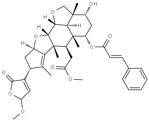 2H,3H-Cyclopenta[d']naphtho[1,8-bc:2,3-b']difuran-6-acetic acid, 8-(2,5-dihydro-5-methoxy-2-oxo-3-furanyl)-2a,4,5,5a,6,6a,8,9,9a,10a,10b,10c-dodecahydro-3-hydroxy-2a,5a,6a,7-tetramethyl-5-[[(2E)-1-oxo-3-phenyl-2-propen-1-yl]oxy]-, methyl ester, (2aR,3R,5S,5aR,6R,6aR,8R,9aR,10aS,10bR,10cR)- Struktur