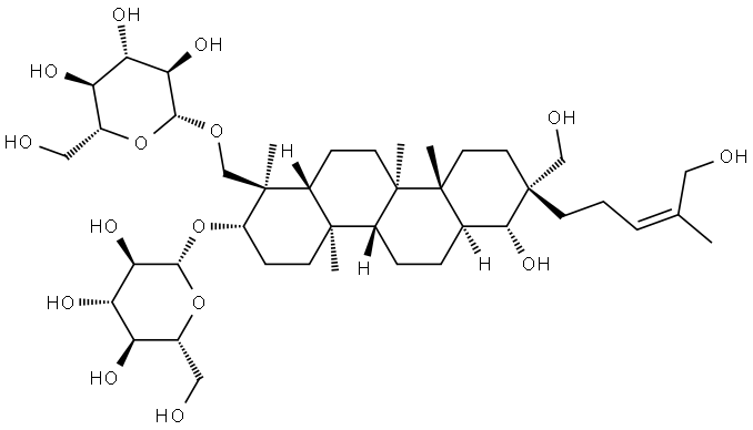 β-D-Glucopyranoside, (1R,2S,4aR,4bR,6aS,7R,8R,10aR,10bR,12aR)-1-[(β-D-glucopyranosyloxy)methyl]octadecahydro-7-hydroxy-8-(hydroxymethyl)-8-[(3Z)-5-hydroxy-4-methyl-3-pentenyl]-1,4a,10a,10b-tetramethyl-2-chrysenyl (9CI) Struktur