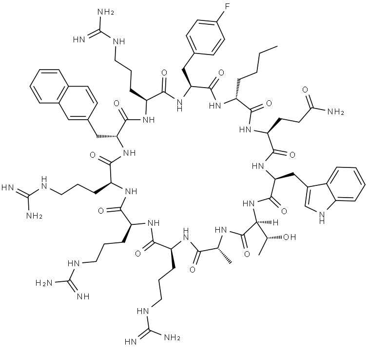 Cyclo[D-alanyl-L-arginyl-L-arginyl-L-arginyl-3-(2-naphthalenyl)-D-alanyl-L-arginyl-4-fluoro-L-phenylalanyl-D-norleucyl-L-glutaminyl-L-tryptophyl-L-threonyl] Struktur