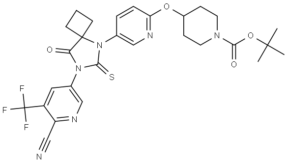 1-Piperidinecarboxylic acid, 4-[[5-[7-[6-cyano-5-(trifluoromethyl)-3-pyridinyl]-8-oxo-6-thioxo-5,7-diazaspiro[3.4]oct-5-yl]-2-pyridinyl]oxy]-, 1,1-dimethylethyl ester Struktur