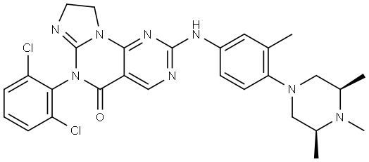 Imidazo[1,2-a]pyrimido[5,4-e]pyrimidin-5(6H)-one, 6-(2,6-dichlorophenyl)-8,9-dihydro-2-[[3-methyl-4-[(3R,5S)-3,4,5-trimethyl-1-piperazinyl]phenyl]amino]-, rel- Struktur