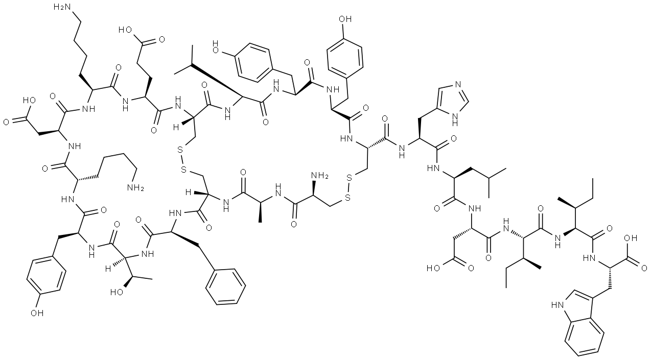 L-Tryptophan, L-cysteinyl-L-alanyl-L-cysteinyl-L-phenylalanyl-L-threonyl-L-tyrosyl-L-lysyl-L-α-aspartyl-L-lysyl-L-α-glutamyl-L-cysteinyl-L-valyl-L-tyrosyl-L-tyrosyl-L-cysteinyl-L-histidyl-L-leucyl-L-α-aspartyl-L-isoleucyl-L-isoleucyl-, cyclic (1→15),(3→11)-bis(disulfide) Struktur