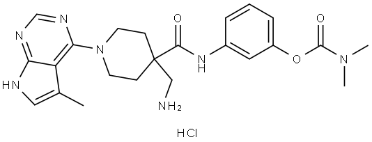 N,N-dimethyl-carbamic acid, 3-[[[4-(aminomethyl)-1-(5-methyl-7H-pyrrolo[2,3-d]pyrimidin-4-yl)-4-piperidinyl]carbonyl]amino]phenyl ester, monohydrochloride Struktur