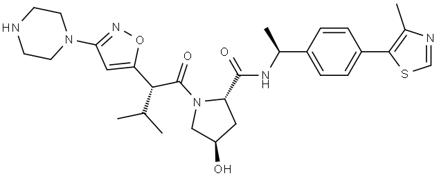 2-Pyrrolidinecarboxamide, 4-hydroxy-1-[(2R)-3-methyl-1-oxo-2-[3-(1-piperazinyl)-5-isoxazolyl]butyl]-N-[(1S)-1-[4-(4-methyl-5-thiazolyl)phenyl]ethyl]-, (2S,4R)- Struktur