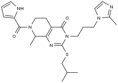 2-(isobutylthio)-8-methyl-3-(3-(2-methyl-1H-imidazol-1-yl)propyl)-7-(1H-pyrrole-2-carbonyl)-5,6,7,8-tetrahydropyrido[3,4-d]pyrimidin-4(3H)-one Struktur