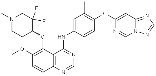 5-[[(4R)-3,3-difluoro-1-methyl-4-piperidyl]oxy]-6-methoxy-N-[3-methyl-4-([1,2,4]triazolo[1,5-c]pyrimidin-7-yloxy)phenyl]quinazolin-4-amine Structure