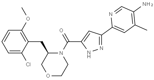 Methanone, [3-(5-amino-4-methyl-2-pyridinyl)-1H-pyrazol-5-yl][(3R)-3-[(2-chloro-6-methoxyphenyl)methyl]-4-morpholinyl]- Struktur