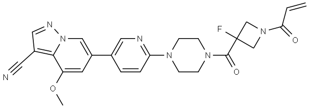 6-(6-(4-(1-acryloyl-3-fluoroazetidine-3-carbonyl)piperazin-1-yl)pyridin-3-yl)-4-methoxypyrazolo[1,5-a]pyridine-3-carbonitrile Struktur