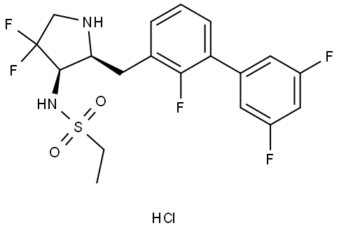 N-((2S,3R)-4,4-difluoro-2-((2,3′,5′-trifluoro-[1,1′-biphenyl]-3-yl)methyl)pyrrolidin-3-yl)ethanesulfonamide hydrochloride Struktur