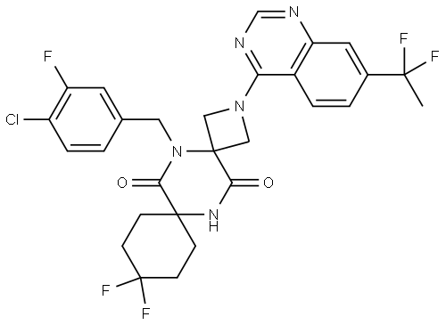 5-(4-chloro-3-fluorobenzyl)-2-(7-(1,1-difluoroethyl)quinazolin-4-yl)-10,10-difluoro-2,5,13-triazadispiro[3.2.57.24]tetradecane-6,14-dione Struktur