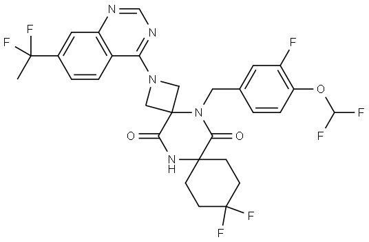 2-(7-(1,1-difluoroethyl)quinazolin-4-yl)-5-(4-(difluoromethoxy)-3-fluorobenzyl)-10,10-difluoro-2,5,13-triazadispiro[3.2.57.24]tetradecane-6,14-dione Struktur