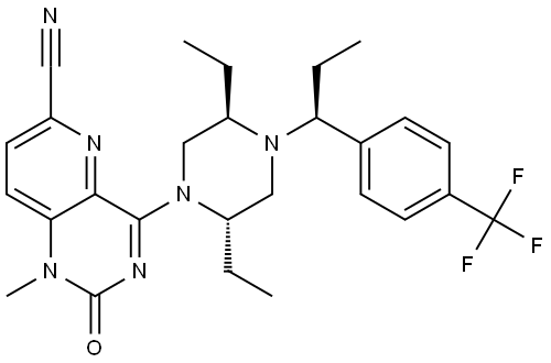 Pyrido[3,2-d]pyrimidine-6-carbonitrile, 4-[(2S,5R)-2,5-diethyl-4-[(1S)-1-[4-(trifluoromethyl)phenyl]propyl]-1-piperazinyl]-1,2-dihydro-1-methyl-2-oxo- Struktur