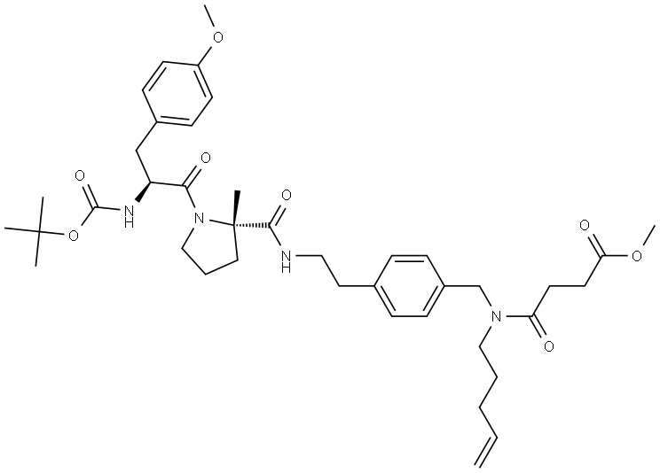 methyl4-((4-(2-((S)-1-((S)-2-((tert-butoxycarbonyl)amino)-3-(4-methoxypheny)propanoyl)-2-methylpyrrolidine-2-carboxamido)ethyl)benzyl)(pent-4-en-1-yl)amino)-4-oxobutanoate Struktur