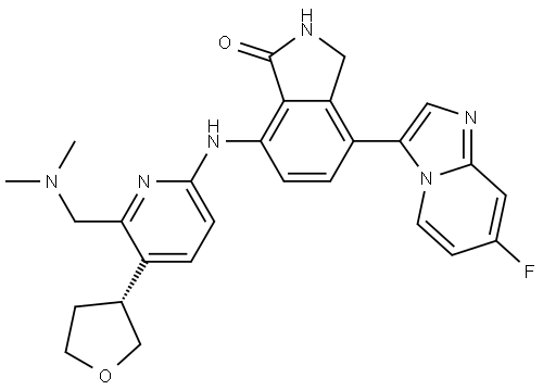 1H-Isoindol-1-one, 7-[[6-[(dimethylamino)methyl]-5-[(3R)-tetrahydro-3-furanyl]-2-pyridinyl]amino]-4-(7-fluoroimidazo[1,2-a]pyridin-3-yl)-2,3-dihydro- Struktur